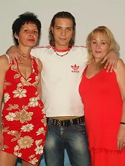 Hot matures Eve and Eva show off their thick bush and gets cock shoving from a stud